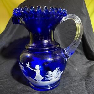 Fenton Cobalt Blue Art Glass Pitcher with Clear Handle